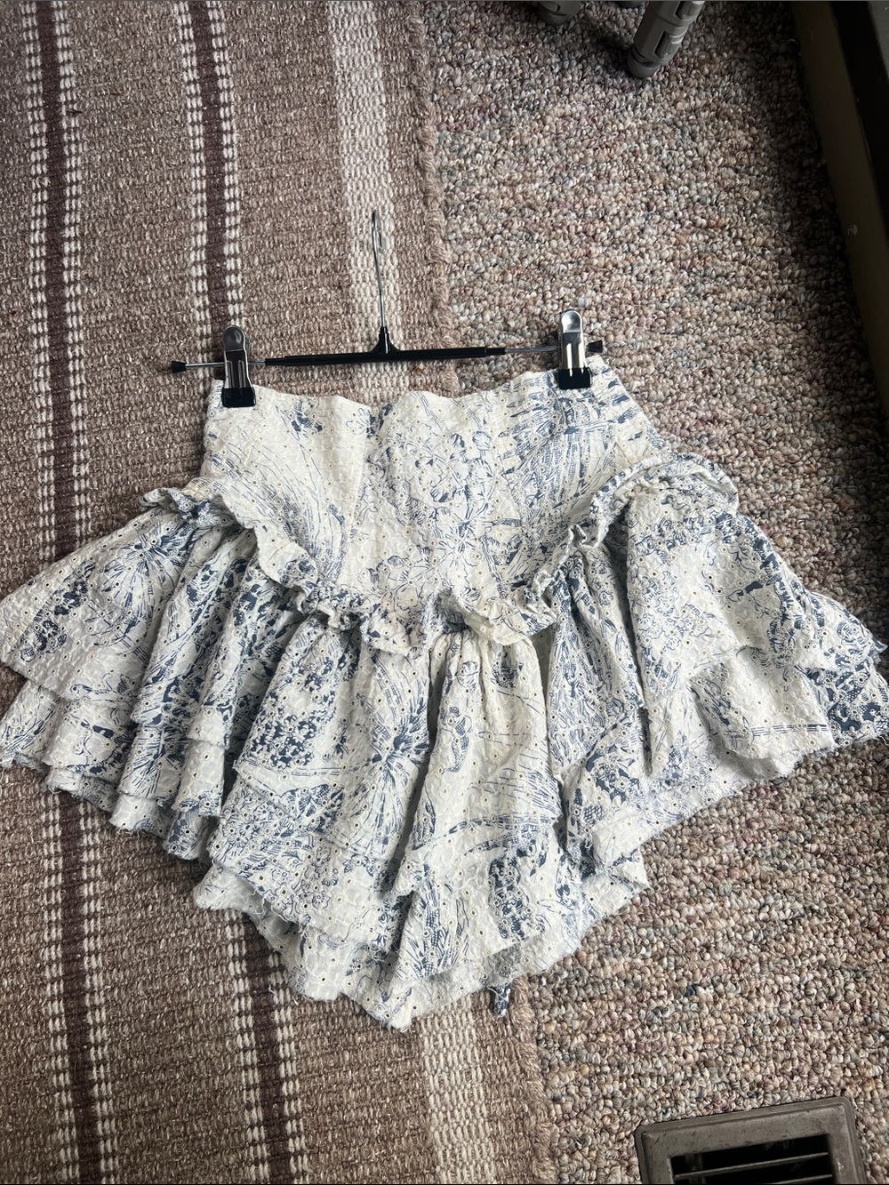 Ruffled Mini Skirt — Cream with Blue Print